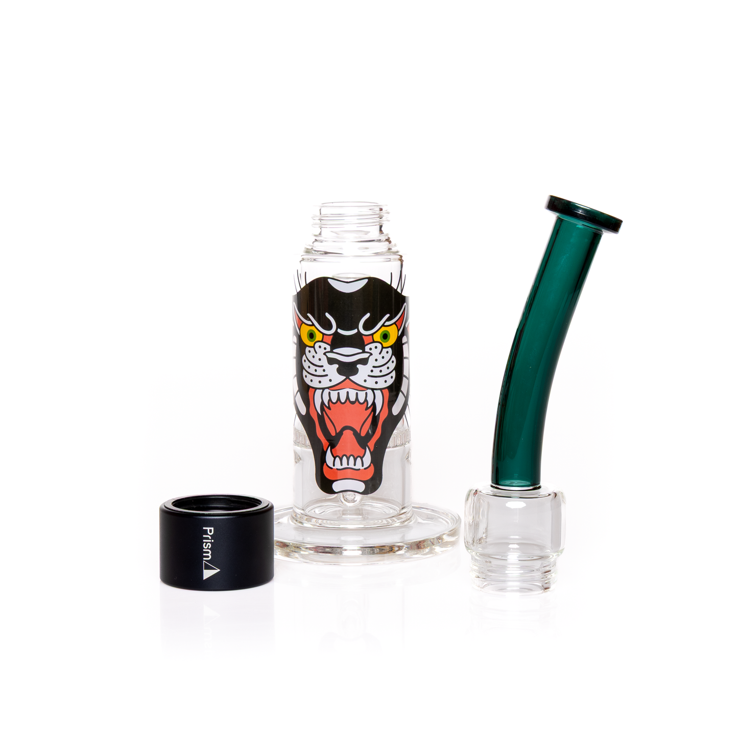 The customizable honeycomb percolator water pipe is shown broken down into its three main parts: the thick glass base, the black anodized aluminum halo connector, and the bent teal mouthpiece. This view demonstrates the quick disassembly for simple washing and storage. The vivid tattoo-style panther decal is facing the camera and bearing its teeth. Ideal high-function art piece for users needing easy maintenance and modularity. The coolest tattoo bong