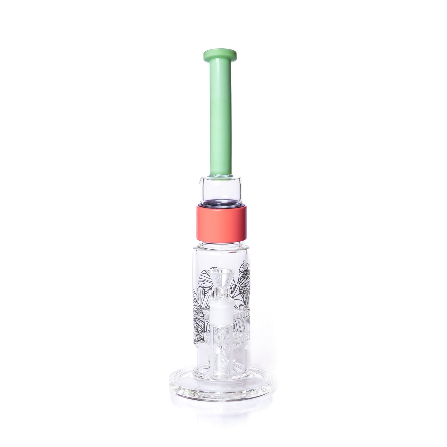 Glass water pipe with green and red accents on a white background