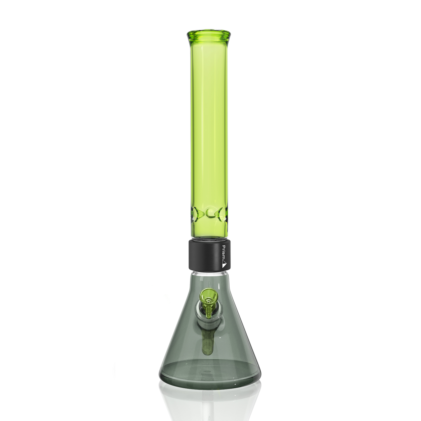 Prism Classic Duo Tall Beaker Single Stack in Midnight Black and Slime Green. A full-sized modular glass pipe featuring a heavy-duty 7mm thick borosilicate beaker base in Midnight Black, black anodized aluminum Classic Halo connector, and a classic Slime Green tall mouthpiece. Includes matching Slime Green glass downstem and 14mm bowl. Designed for maximum durability and interchangeable part swapping.