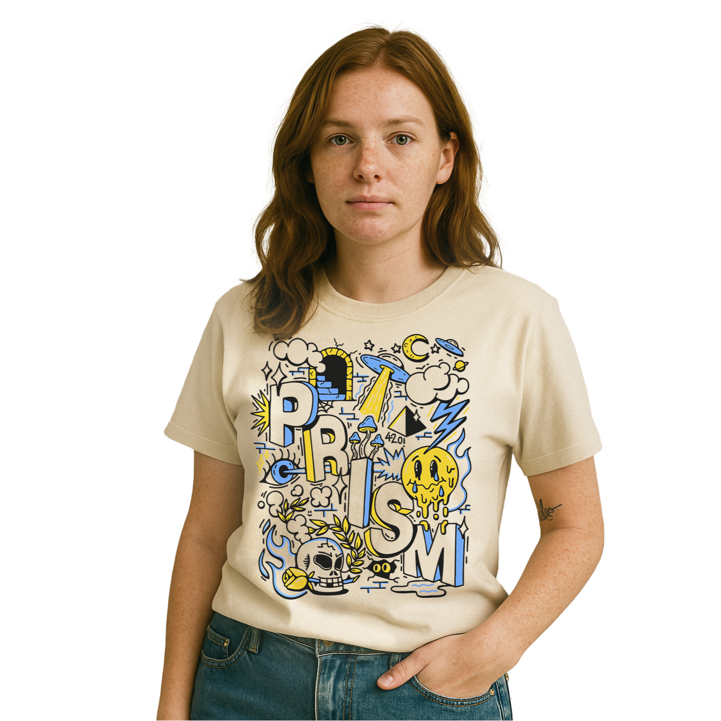 Aliens, Mushrooms, & Laser Beams Tee in blue