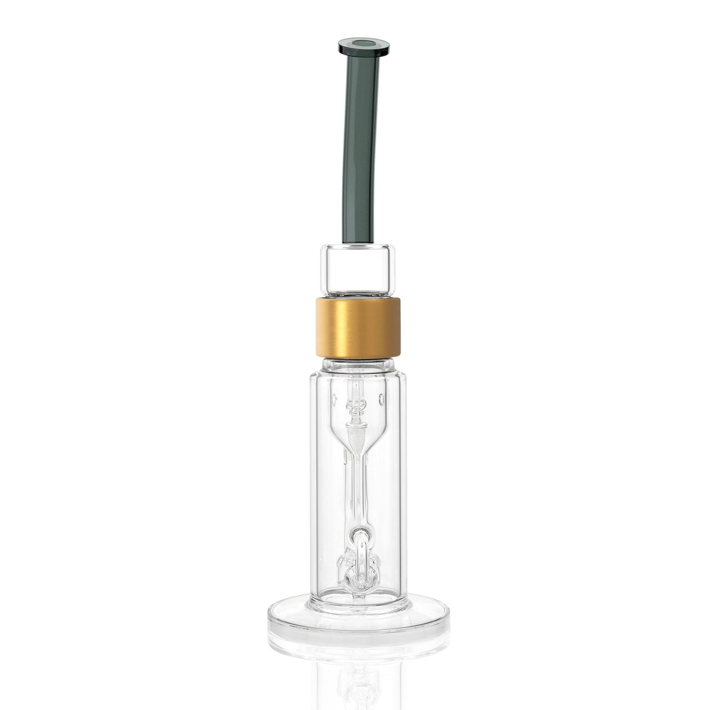 Clear Prism Klein incycler bong with a midnight black bent mouthpiece, gold Halo connector, recycler base, and built-in showerhead percolator.