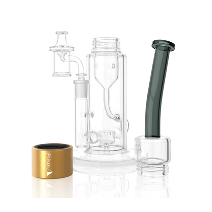 Clear Prism Klein incycler bong with a midnight black bent mouthpiece, gold Halo connector, recycler base, and built-in showerhead percolator.