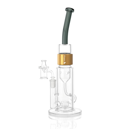 Clear Prism Klein incycler bong with a midnight black bent mouthpiece, gold Halo connector, recycler base, and built-in showerhead percolator.