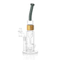 Clear Prism Klein incycler bong with a midnight black bent mouthpiece, gold Halo connector, recycler base, and built-in showerhead percolator.