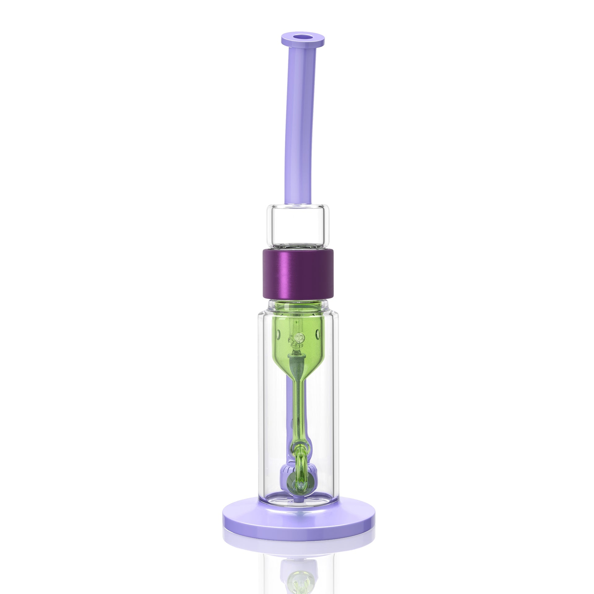 green and purple Prism Klein incycler bong with a bent mouthpiece, showerhead percolator, recycler base, and iridescent Halo connector.