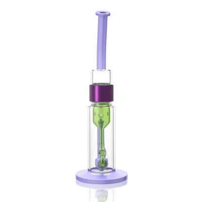 green and purple Prism Klein incycler bong with a bent mouthpiece, showerhead percolator, recycler base, and iridescent Halo connector.