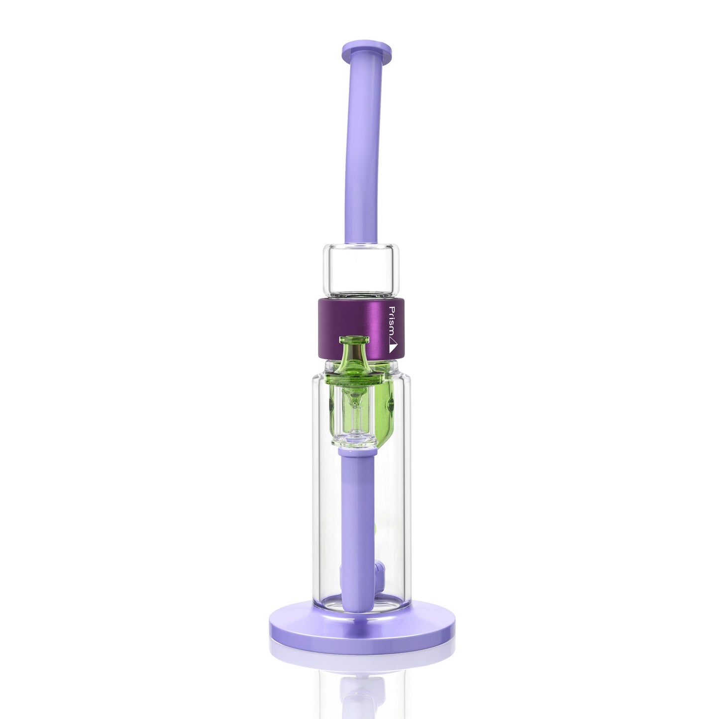green and purple Prism Klein incycler bong with a bent mouthpiece, showerhead percolator, recycler base, and iridescent Halo connector.