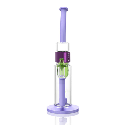 green and purple Prism Klein incycler bong with a bent mouthpiece, showerhead percolator, recycler base, and iridescent Halo connector.