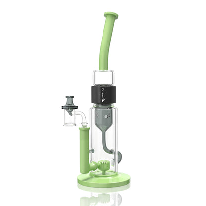 Key lime and midnight Prism Klein incycler bong with a bent mouthpiece, showerhead percolator, recycler base, and iridescent Halo connector.