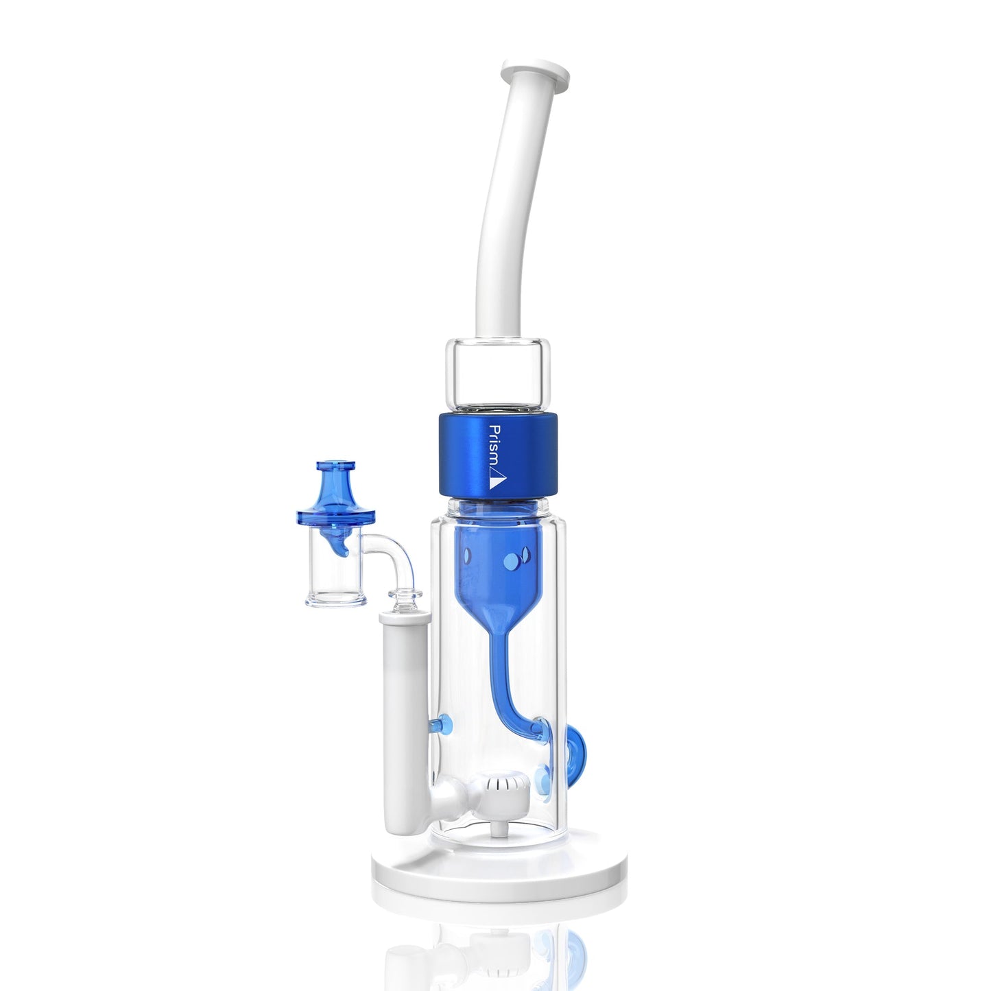 Blue and white Prism Klein incycler bong with a bent mouthpiece, showerhead percolator, recycler base, and iridescent Halo connector.