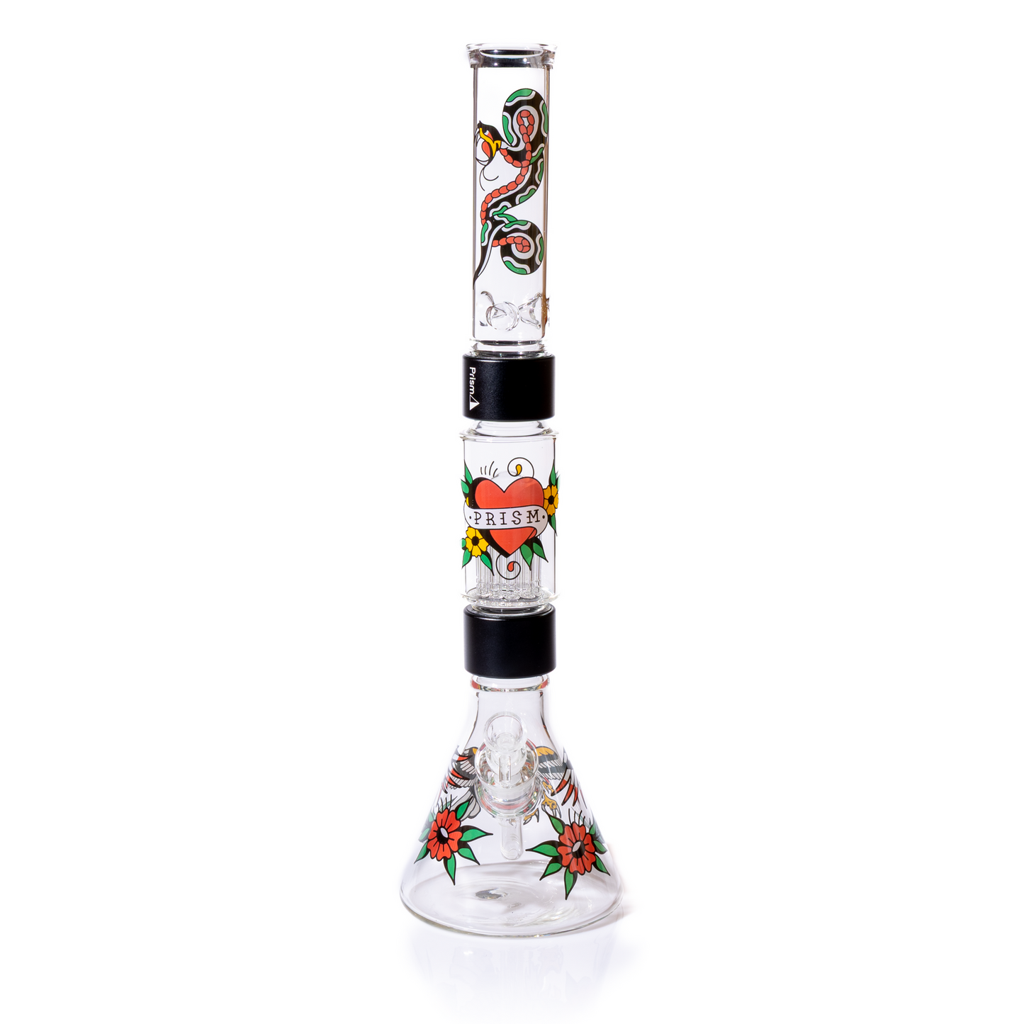 Front view of the Prism double stack beaker set-up , highlighting the clear 14mm  bowl and decal designs. The wide borosilicate glass base is visible, featuring an eagle and flower tattoo graphic. Image emphasizes the threaded glass connections, including the two black anodized aluminum Halo connectors linking the big tree perc chamber and the top mouthpiece. High quality, customizable two-stage smoking setup.