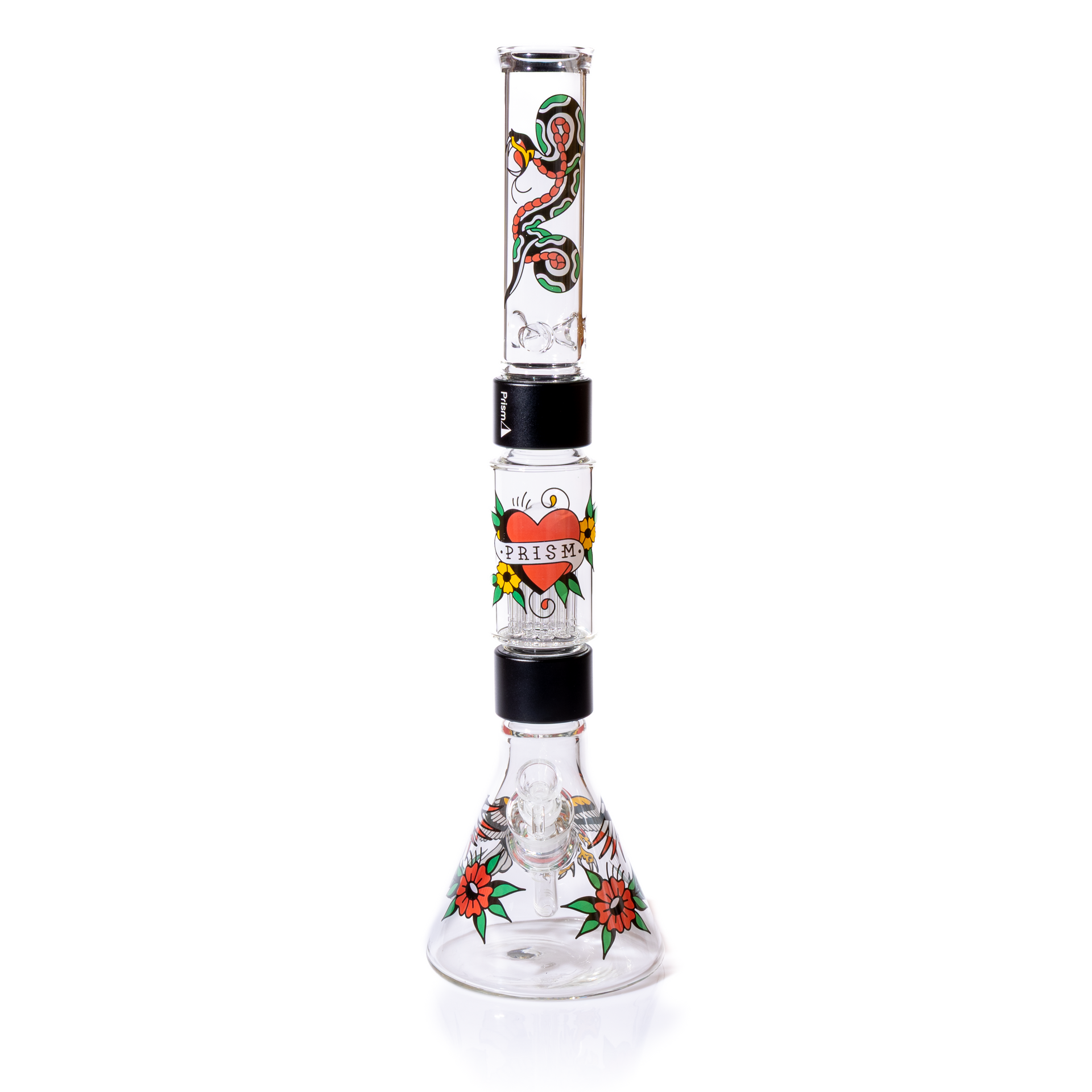 Front view of the Prism double stack beaker set-up , highlighting the clear 14mm  bowl and decal designs. The wide borosilicate glass base is visible, featuring an eagle and flower tattoo graphic. Image emphasizes the threaded glass connections, including the two black anodized aluminum Halo connectors linking the big tree perc chamber and the top mouthpiece. High quality, customizable two-stage smoking setup.