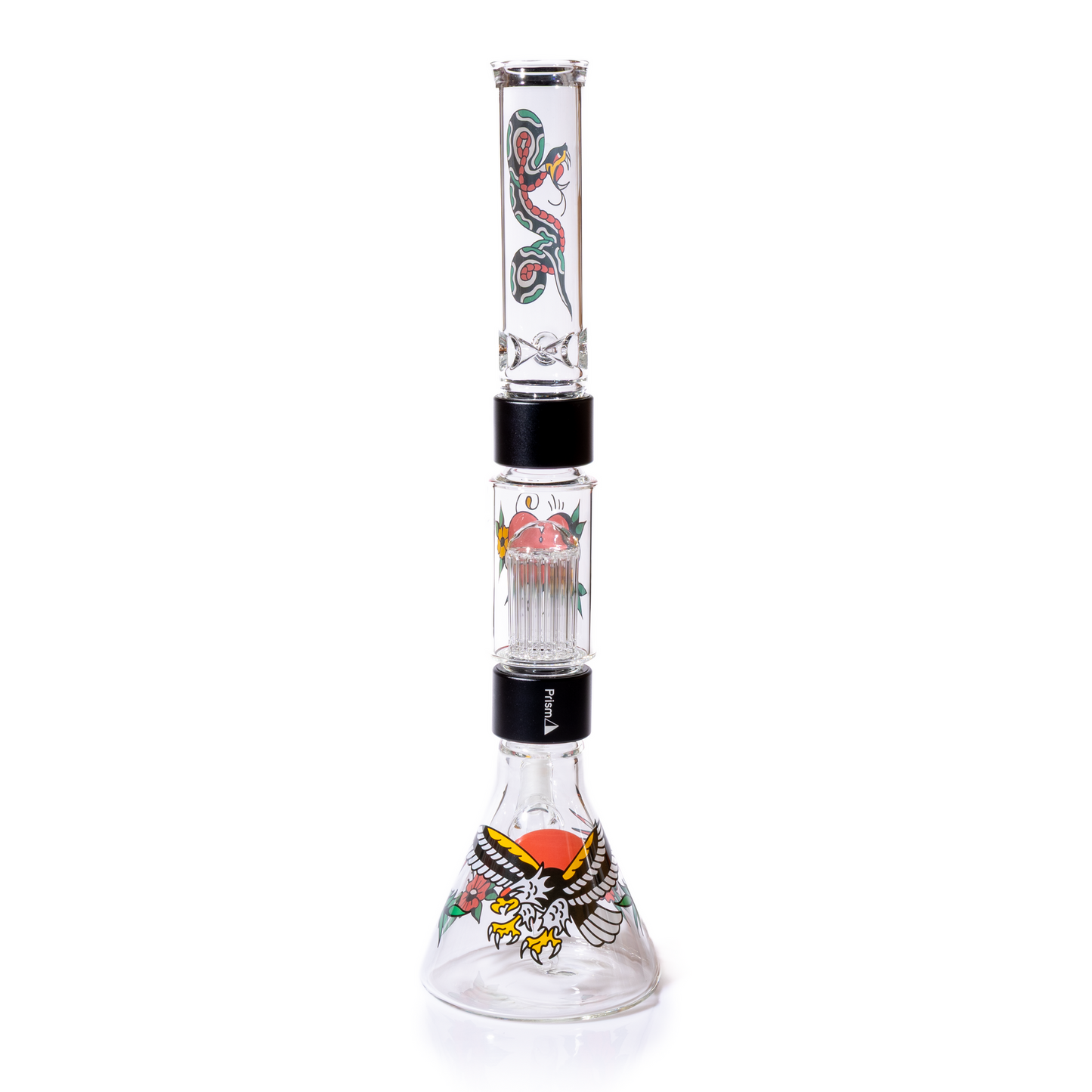 Back view of the full double stack Prism Inked Beaker set-up, featuring the vivid eagle decal and surrounding flowers on the clear glass beaker base. This tall modular glass pipe shows the black anodized aluminum connectors stacked beneath the central Big Tree percolator chamber. This image  highlights the two-stage diffusion and smooth tree percolation. Customizable tree perc setup perfect for your next gift. 