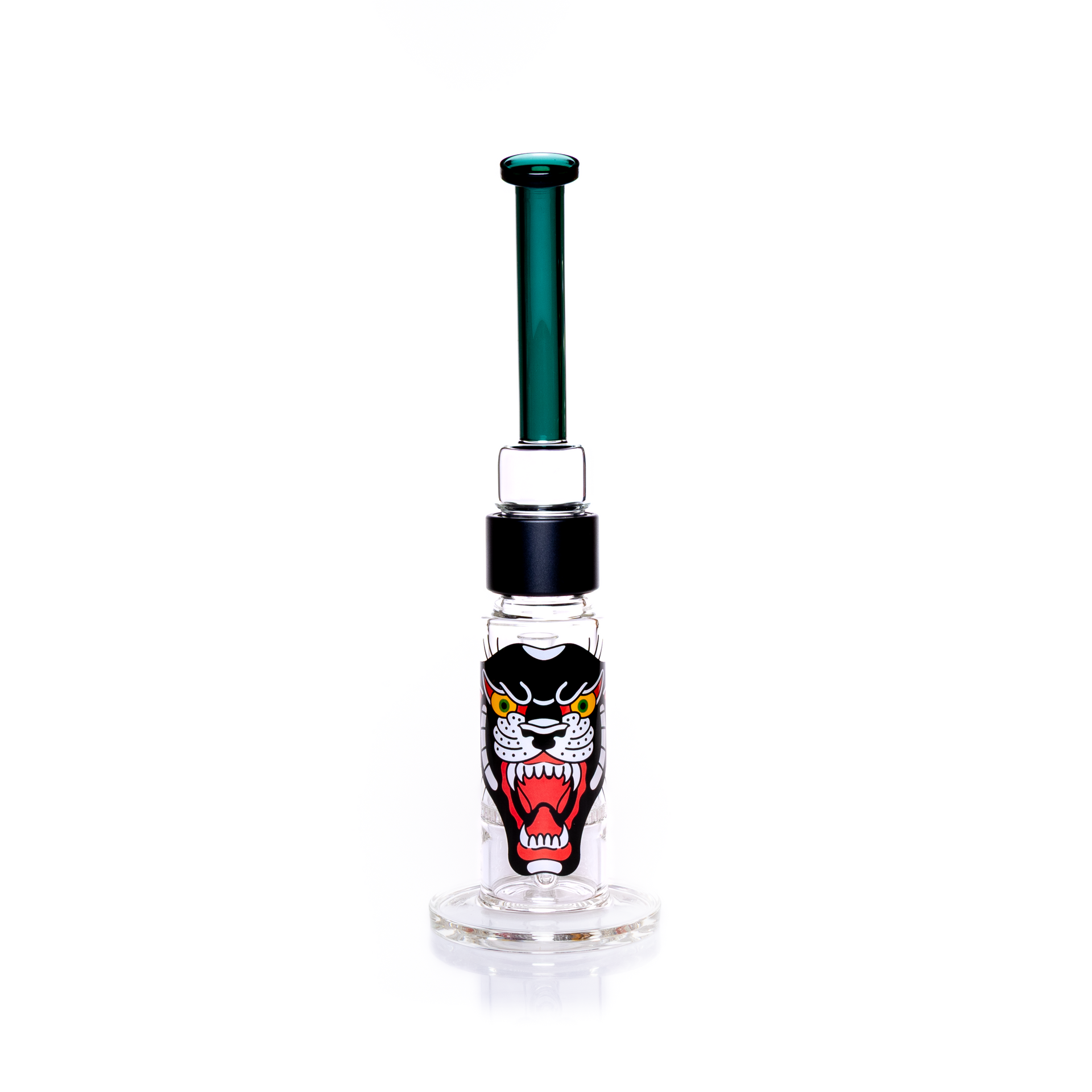 Back view of the Prism honeycomb glass water pipe featuring a large, central panther graphic on the base. The illustration is a vibrant tattoo-style design that wraps the thick borosilicate honeycomb pipe. Image highlights the dual-disc filtration system and the connection between the black anodized aluminum fitting and the bent teal top section. Includes the clear 18mm slide joint for a dry herb accessory. Customizable easy clean water pipe for collectors.
