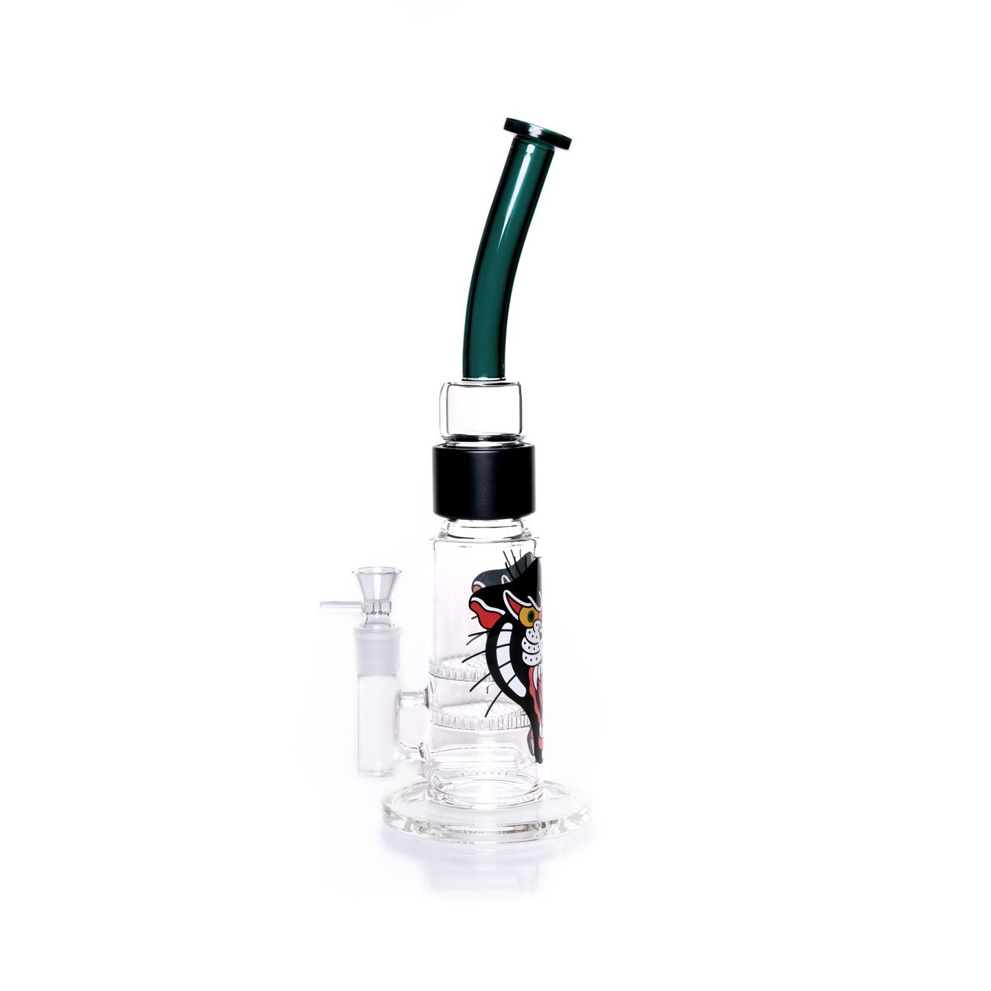Side view image of the customizable modular honeycomb pipe, showing the assembled height and clear line of sight through the dual-chamber percolator. The thick borosilicate base is enhanced with a vivid tattoo-inspired design. The teal bent mouthpiece connects smoothly to the base using the durable anodized aluminum halo connector. This high-quality glass setup is designed for simple user experience and easy travel breakdown. Best herb accessory with two honeycomb filtration screens.