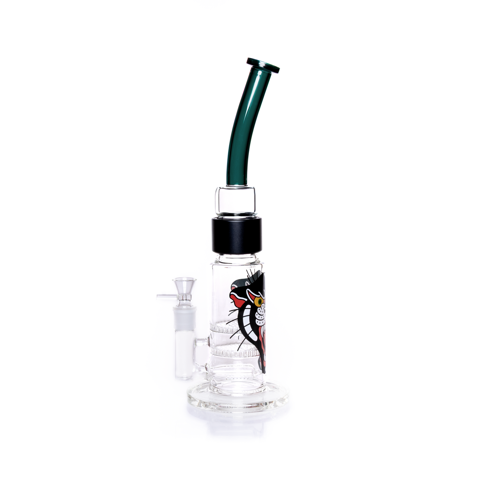 Side view image of the customizable modular honeycomb pipe, showing the assembled height and clear line of sight through the dual-chamber percolator. The thick borosilicate base is enhanced with a vivid tattoo-inspired design. The teal bent mouthpiece connects smoothly to the base using the durable anodized aluminum halo connector. This high-quality glass setup is designed for simple user experience and easy travel breakdown. Best herb accessory with two honeycomb filtration screens.
