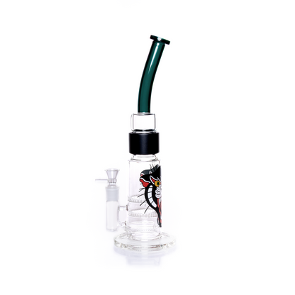 Side view image of the customizable modular honeycomb pipe, showing the assembled height and clear line of sight through the dual-chamber percolator. The thick borosilicate base is enhanced with a vivid tattoo-inspired design. The teal bent mouthpiece connects smoothly to the base using the durable anodized aluminum halo connector. This high-quality glass setup is designed for simple user experience and easy travel breakdown. Best herb accessory with two honeycomb filtration screens.