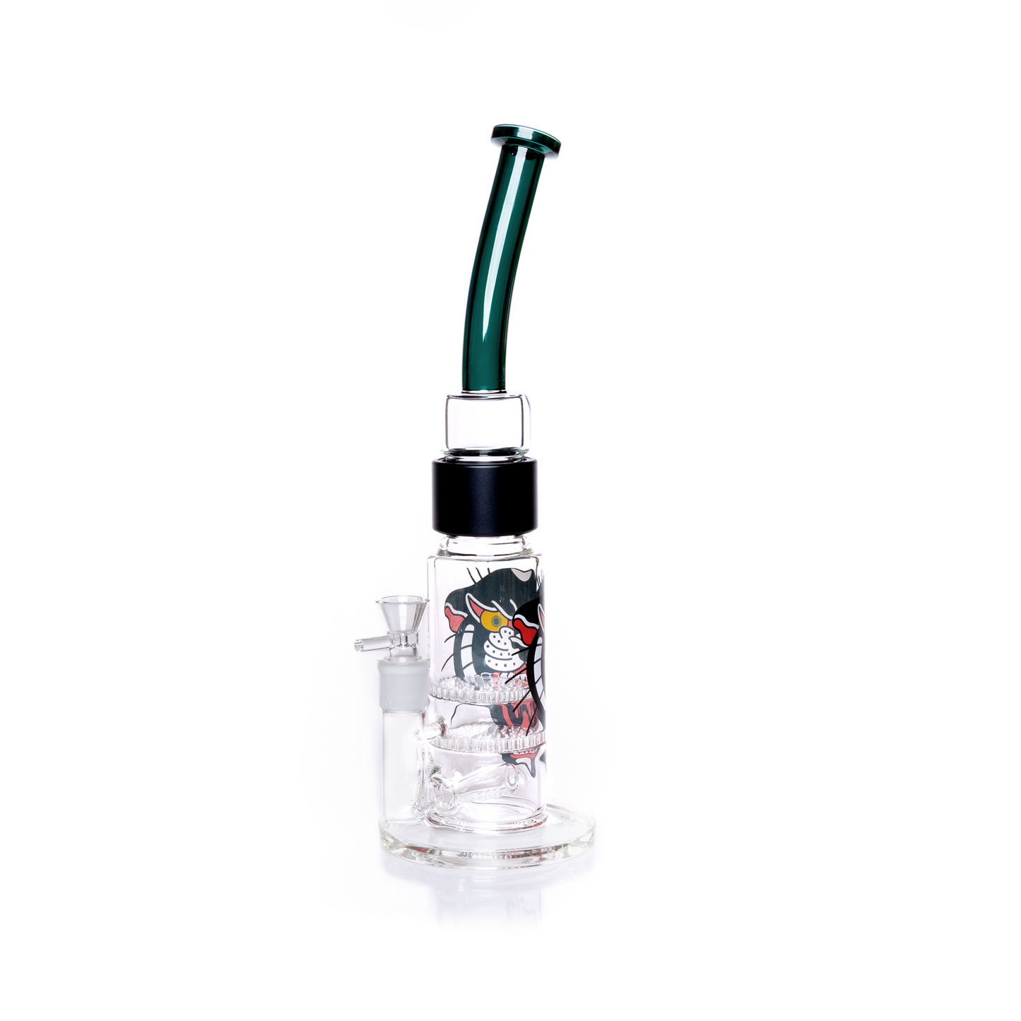 Large honeycomb percolator bong featuring two internal honeycomb discs for superior filtration. The Prism Inked modular water pipe has a thick borosilicate glass base with a vivid panther tattoo-style decal graphic. Connection is made via a black anodized aluminum halo connector to the teal bent  glass mouthpiece. This customizable smoking apparatus uses an 18mm joint and clear dry herb bowl. Best scientific glass setup for smooth percolation.