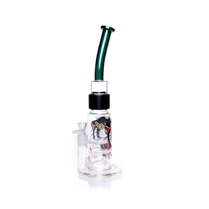 Large honeycomb percolator bong featuring two internal honeycomb discs for superior filtration. The Prism Inked modular water pipe has a thick borosilicate glass base with a vivid panther tattoo-style decal graphic. Connection is made via a black anodized aluminum halo connector to the teal bent  glass mouthpiece. This customizable smoking apparatus uses an 18mm joint and clear dry herb bowl. Best scientific glass setup for smooth percolation.