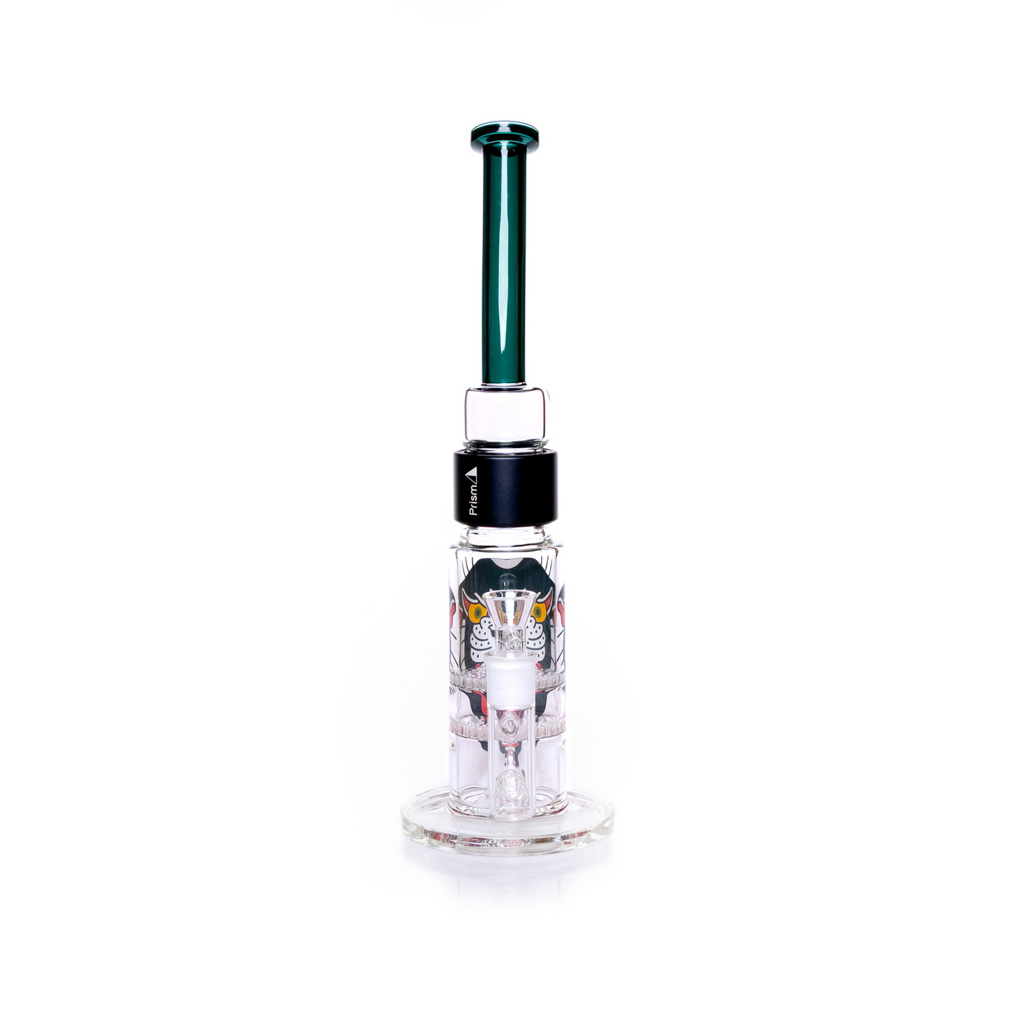 Front-facing view of the assembled  large honeycomb water pipe with focus on the 18mm  joint and clear dry herb slide. The connection point highlights the durable black anodized aluminum halo. This customizable pipe showcases the vivid panther graphic and the teal bent stem. Designed for easy clean and travel.