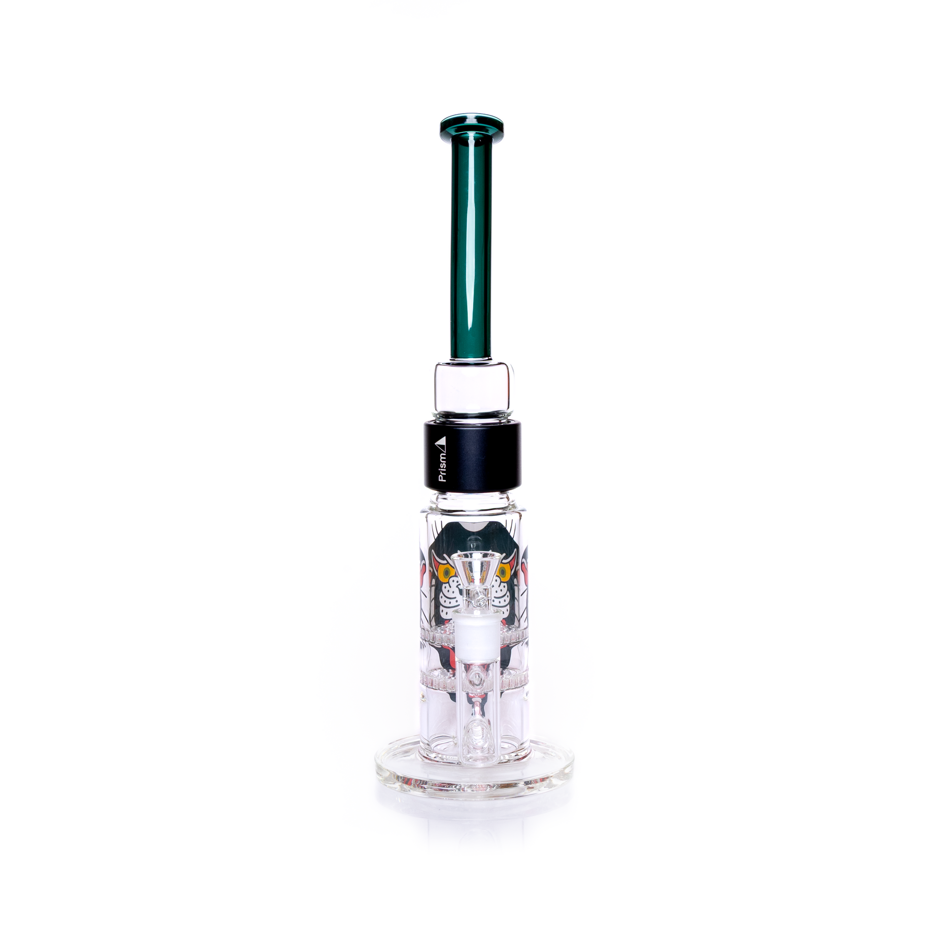 Front-facing view of the assembled  large honeycomb water pipe with focus on the 18mm  joint and clear dry herb slide. The connection point highlights the durable black anodized aluminum halo. This customizable pipe showcases the vivid panther graphic and the teal bent stem. Designed for easy clean and travel.