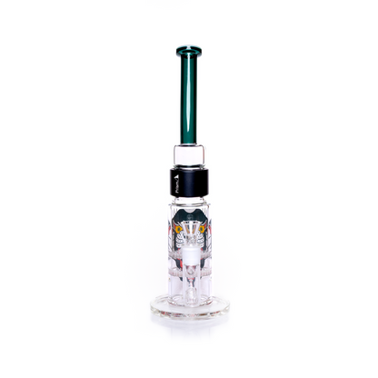 Front-facing view of the assembled  large honeycomb water pipe with focus on the 18mm  joint and clear dry herb slide. The connection point highlights the durable black anodized aluminum halo. This customizable pipe showcases the vivid panther graphic and the teal bent stem. Designed for easy clean and travel.