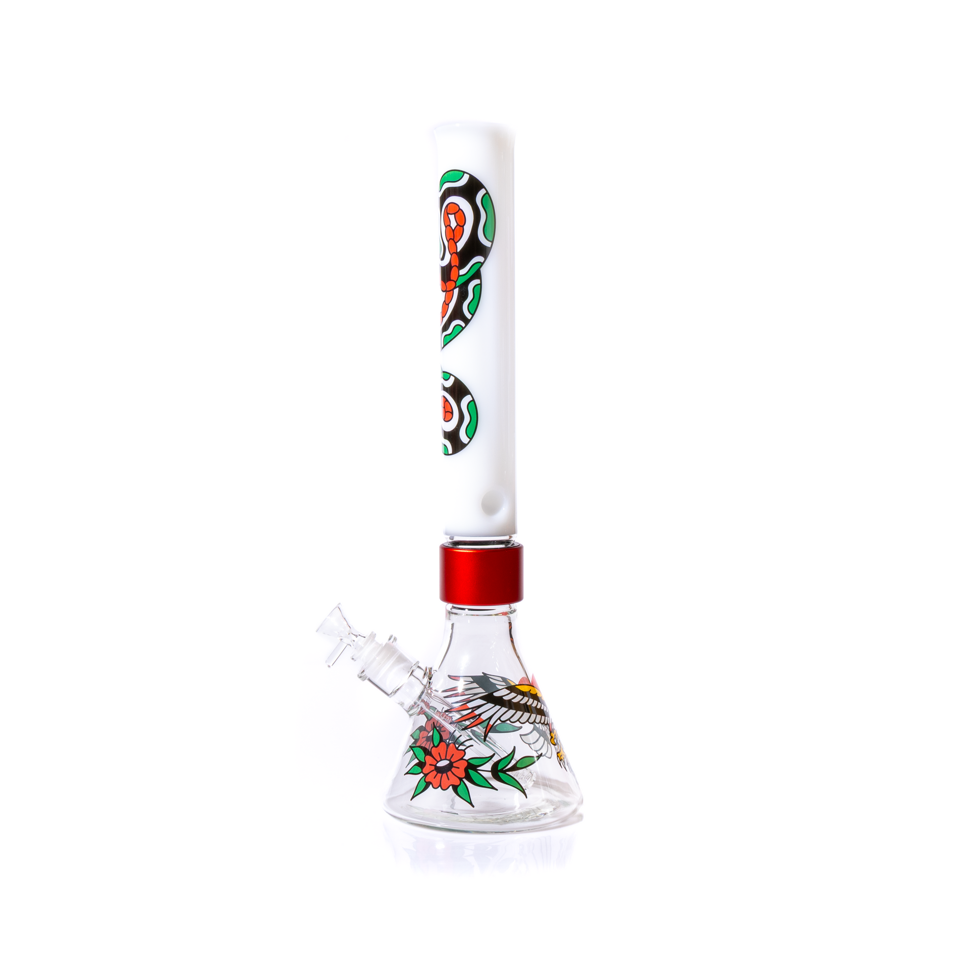 Sideways view of the assembled modular glass pipe. This affordable water accessory features American Traditional tattoo decals on the beaker base (eagle) and the white mouthpiece (snake). The thick borosilicate construction ensures durability, and the threaded connectors allow for full disassembly and cleaning. Excellent portable herb bong designed for anyone looking for a unique smoking setup.