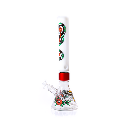Sideways view of the assembled modular glass pipe. This affordable water accessory features American Traditional tattoo decals on the beaker base (eagle) and the white mouthpiece (snake). The thick borosilicate construction ensures durability, and the threaded connectors allow for full disassembly and cleaning. Excellent portable herb bong designed for anyone looking for a unique smoking setup.