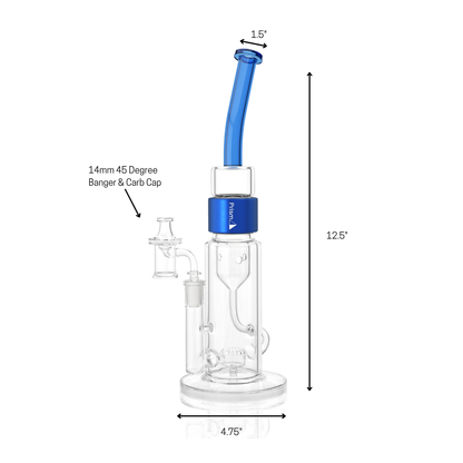 Clear Prism Klein incycler bong with a blue bent mouthpiece, blue Halo connector, recycler base, and built-in showerhead percolator. image shows dimensions