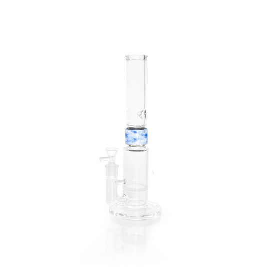 Clear glass water pipe with a blue patterned band around the neck, shown on a white background.