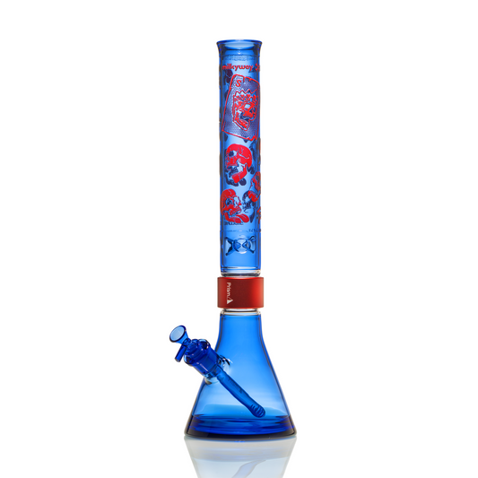 Prism x Milkyway SKULLIANCE Sapphire Classic Beaker bong with blue glass, red Prism Halo, and red etched skull artwork on a tall Classic mouthpiece.