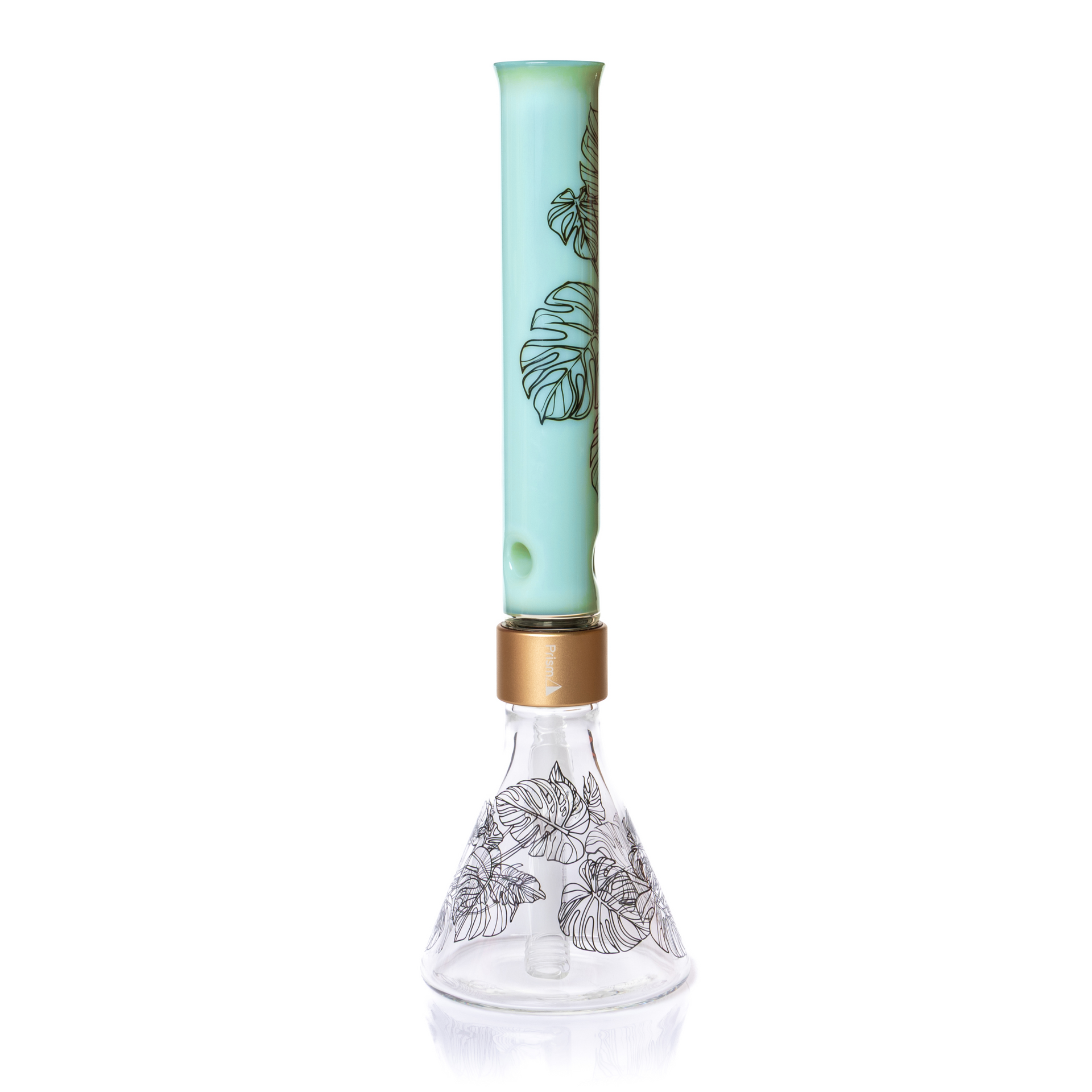 Glass smoking accessory with turquoise top and gold accent on a white background