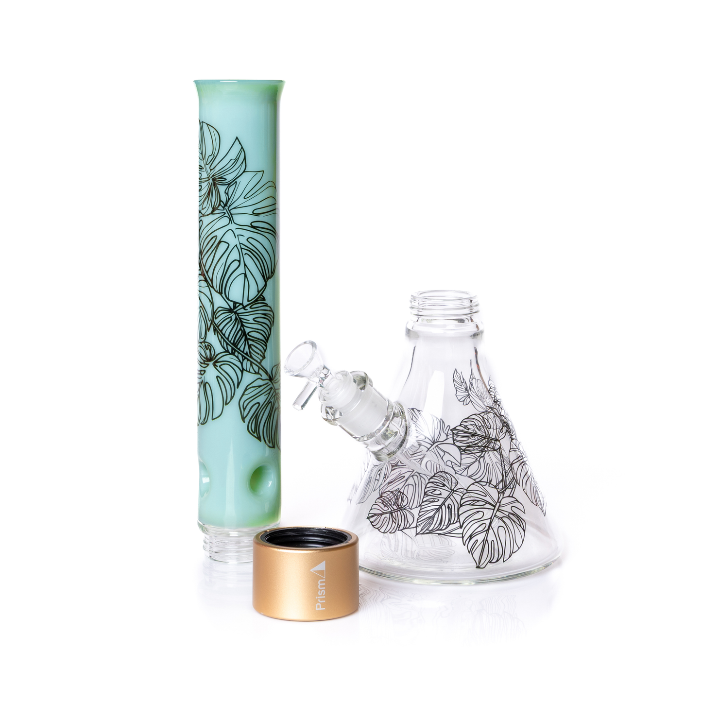 Glass smoking accessory set with floral design on a white background