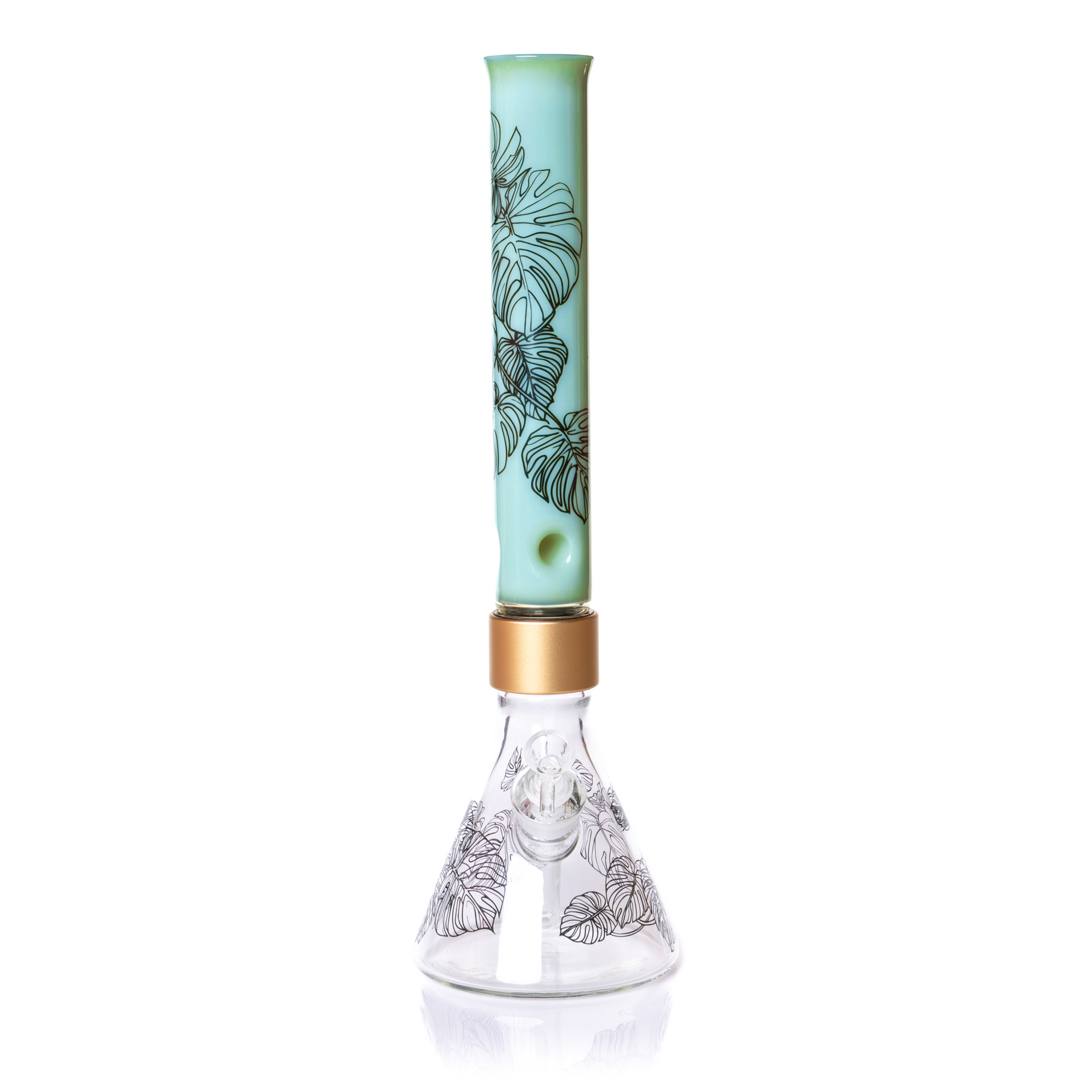 Decorative glass water pipe with floral designs on a white background