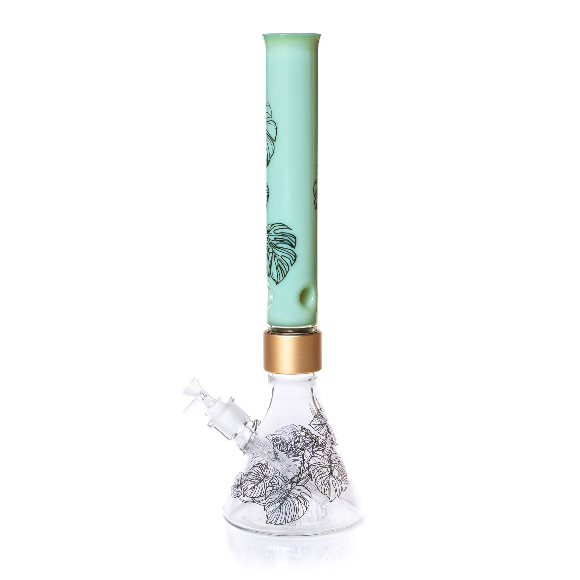 Glass smoking device with floral design on a white background