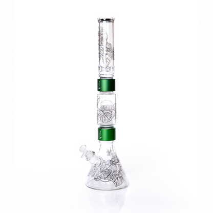 Glass water pipe with floral designs on a white background