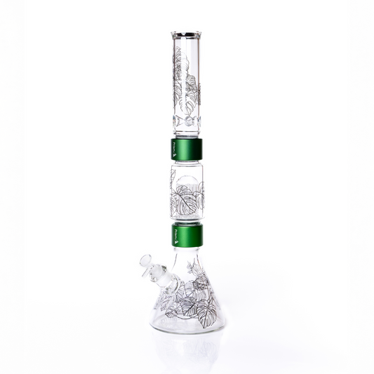 Glass water pipe with floral designs on a white background