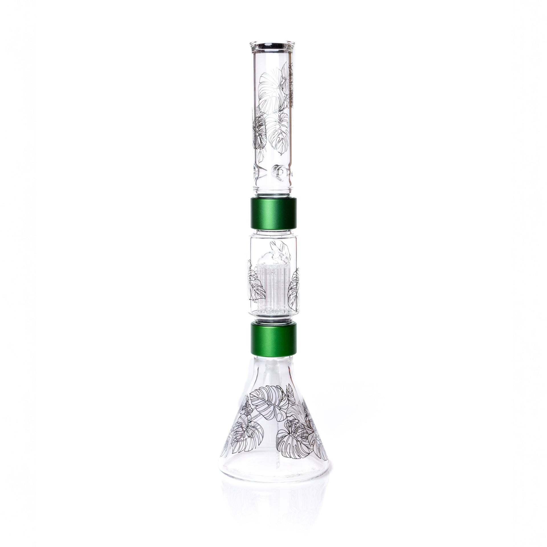 Glass water pipe with green accents on a white background