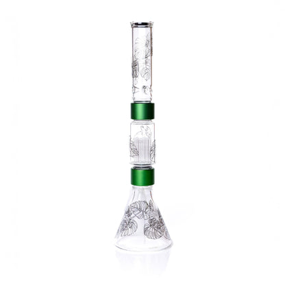 Glass water pipe with green accents on a white background