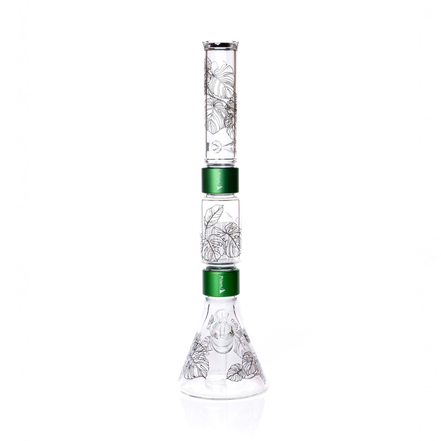 Glass water pipe with green accents on a white background