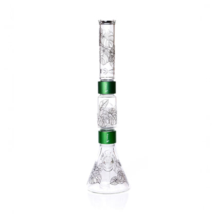Glass water pipe with green accents on a white background