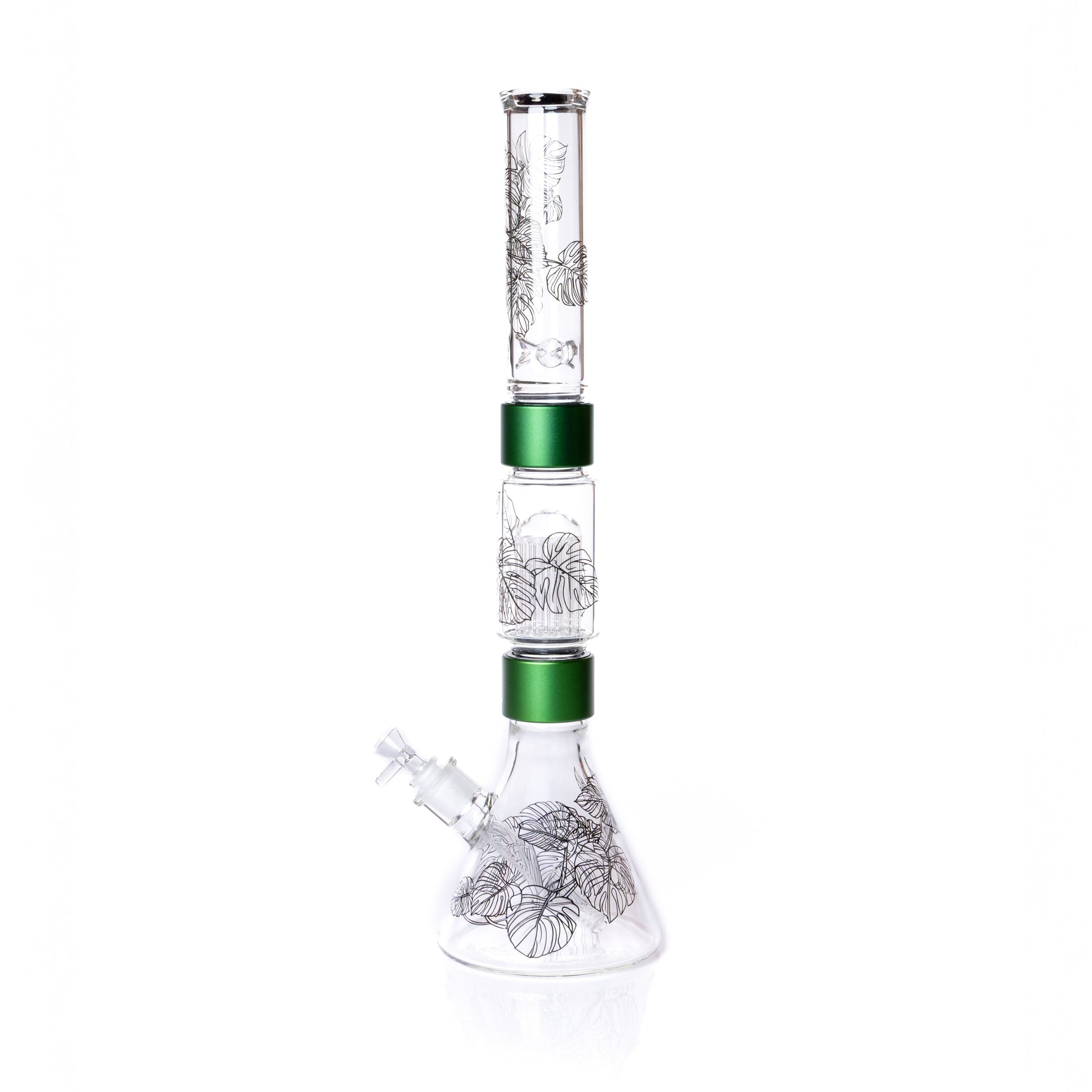 Glass water pipe with green accents on a white background
