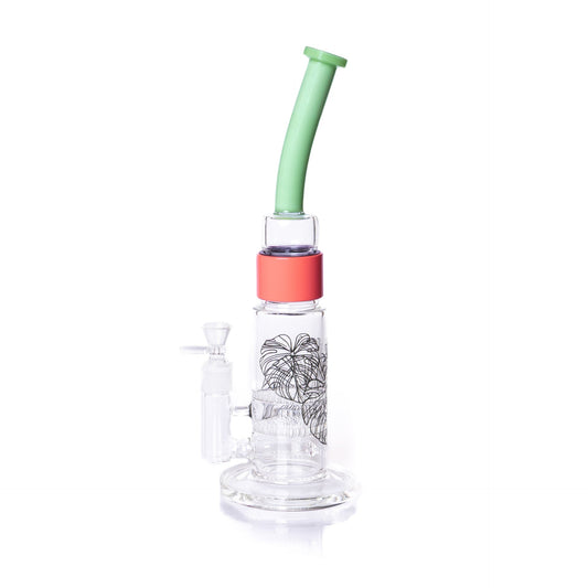 Glass water pipe with a green straw and pink base on a white background