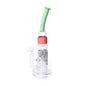 Glass water pipe with a green straw and pink base on a white background