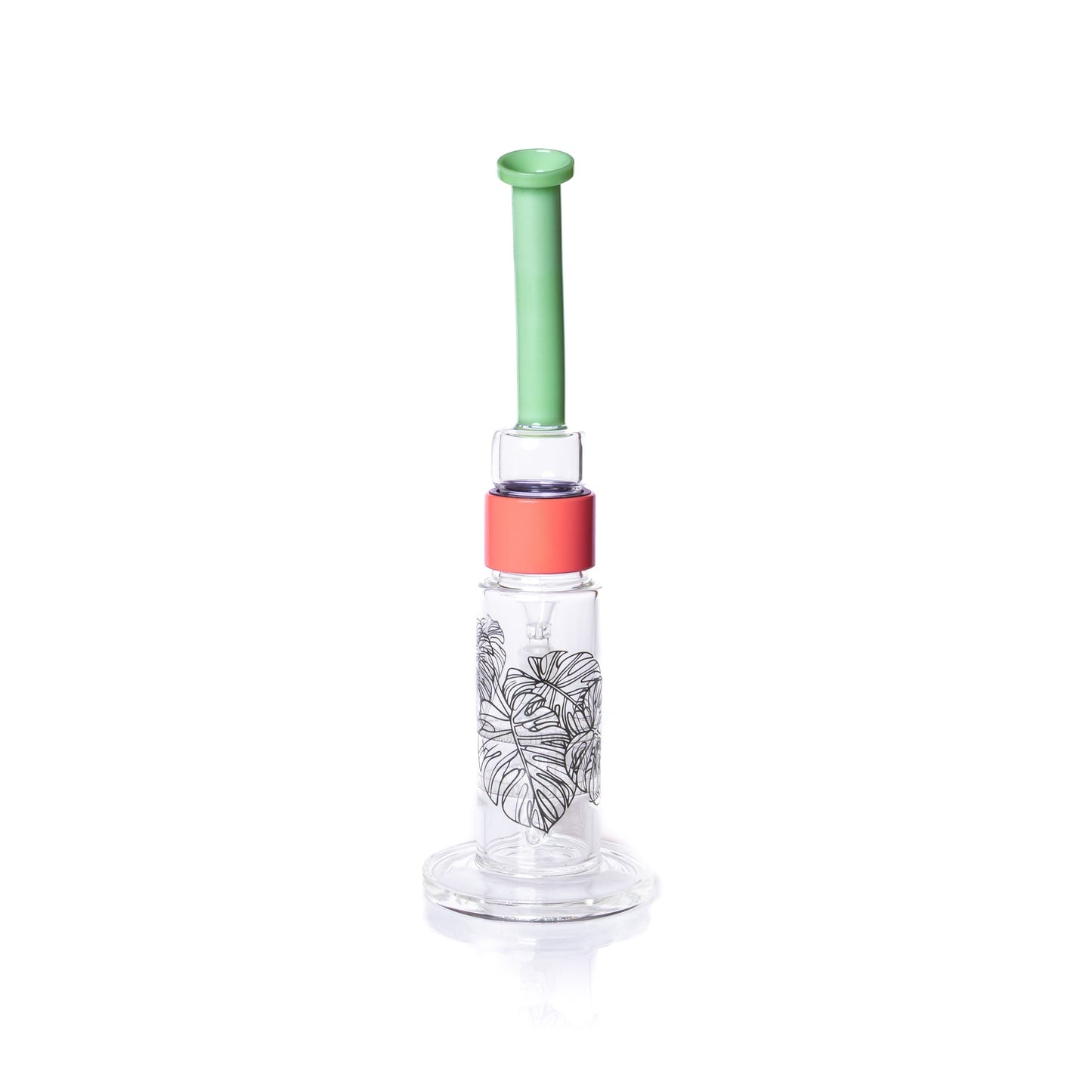 Glass water pipe with a green top and red base on a white background
