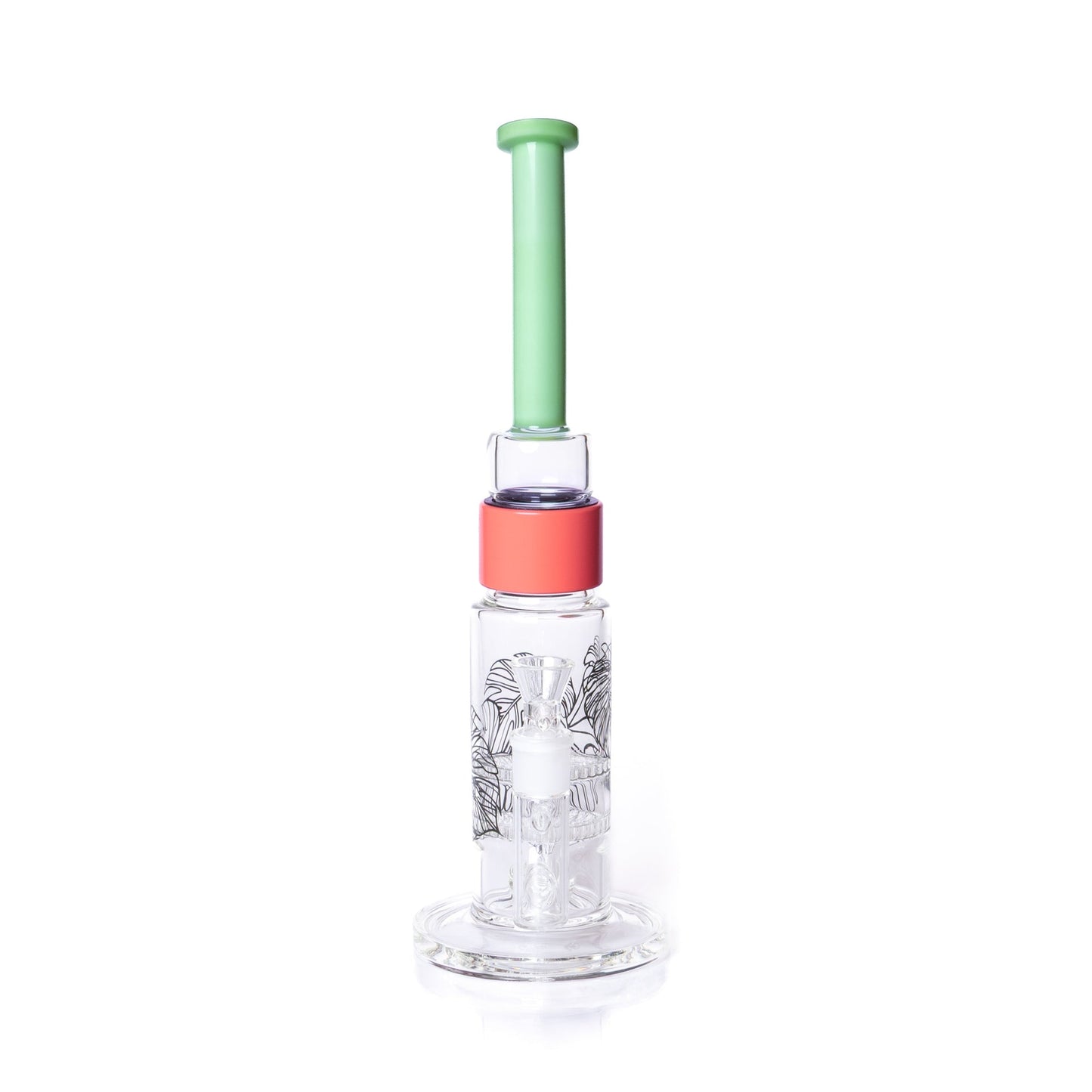 Glass water pipe with green and red accents on a white background