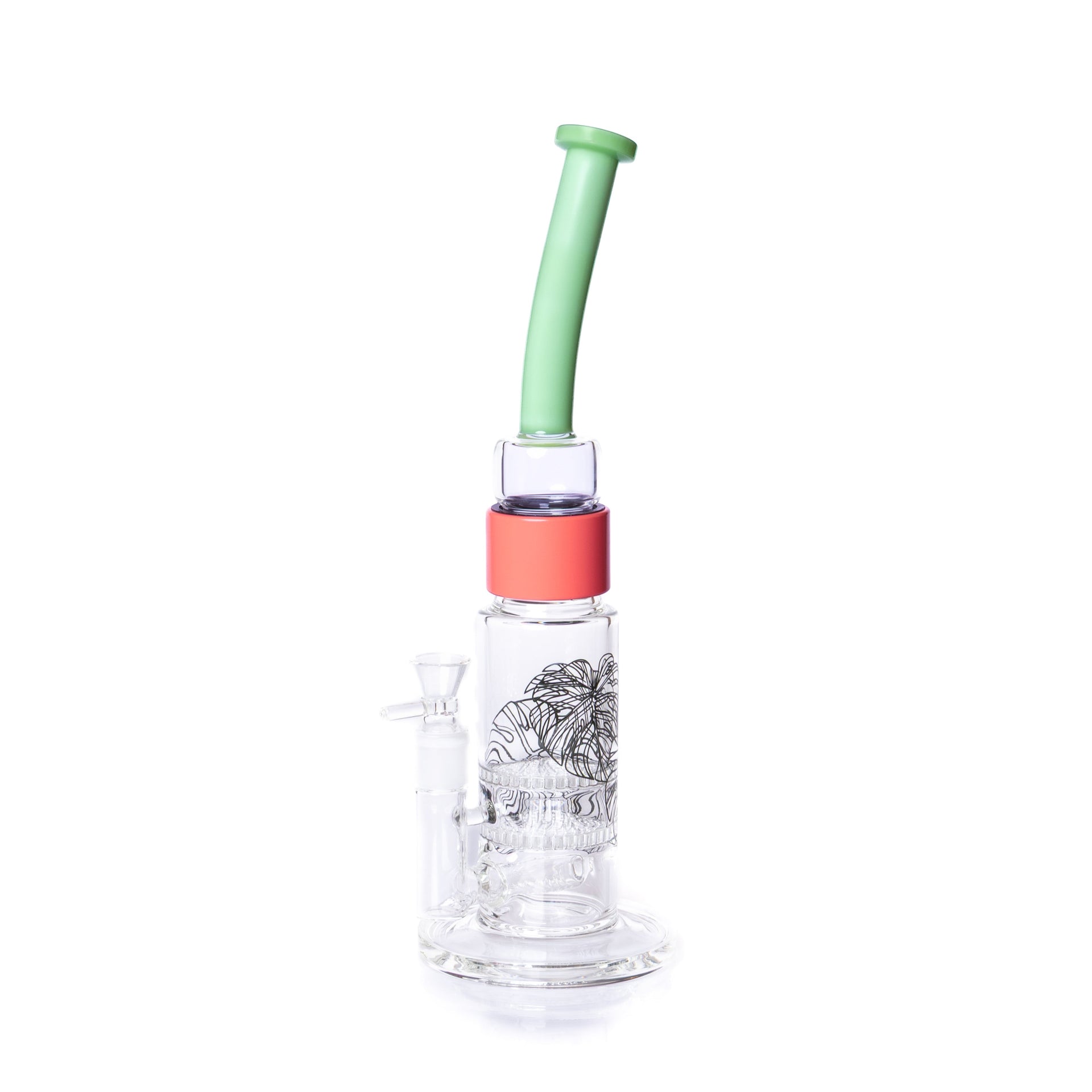Glass water pipe with a green straw and red base on a white background