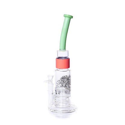 Glass water pipe with a green straw and red base on a white background