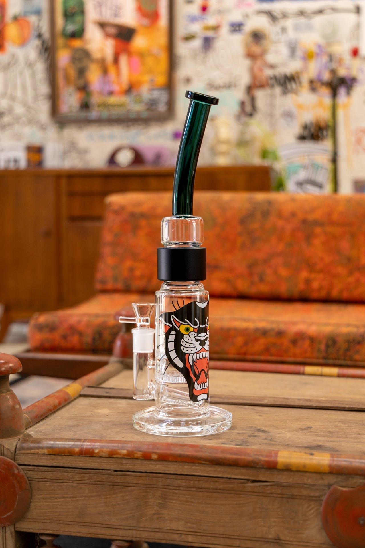 Back view of the Prism honeycomb glass water pipe featuring a large, central panther graphic on the base. The illustration...