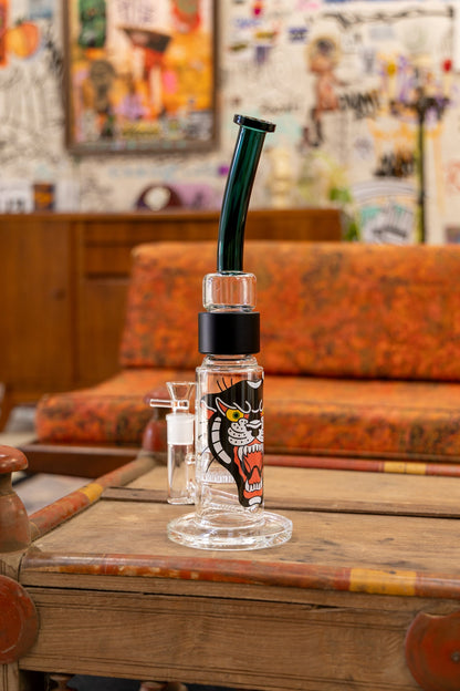 Back view of the Prism honeycomb glass water pipe featuring a large, central panther graphic on the base. The illustration...